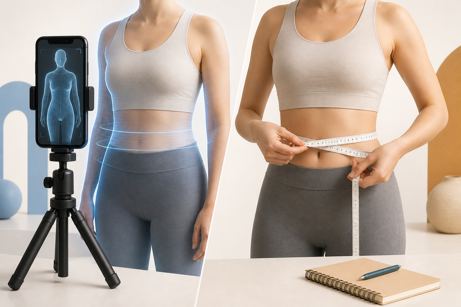 Editorial illustration contrasting a smartphone body scan on a tripod with a flexible tape measure and notebook around the waist.