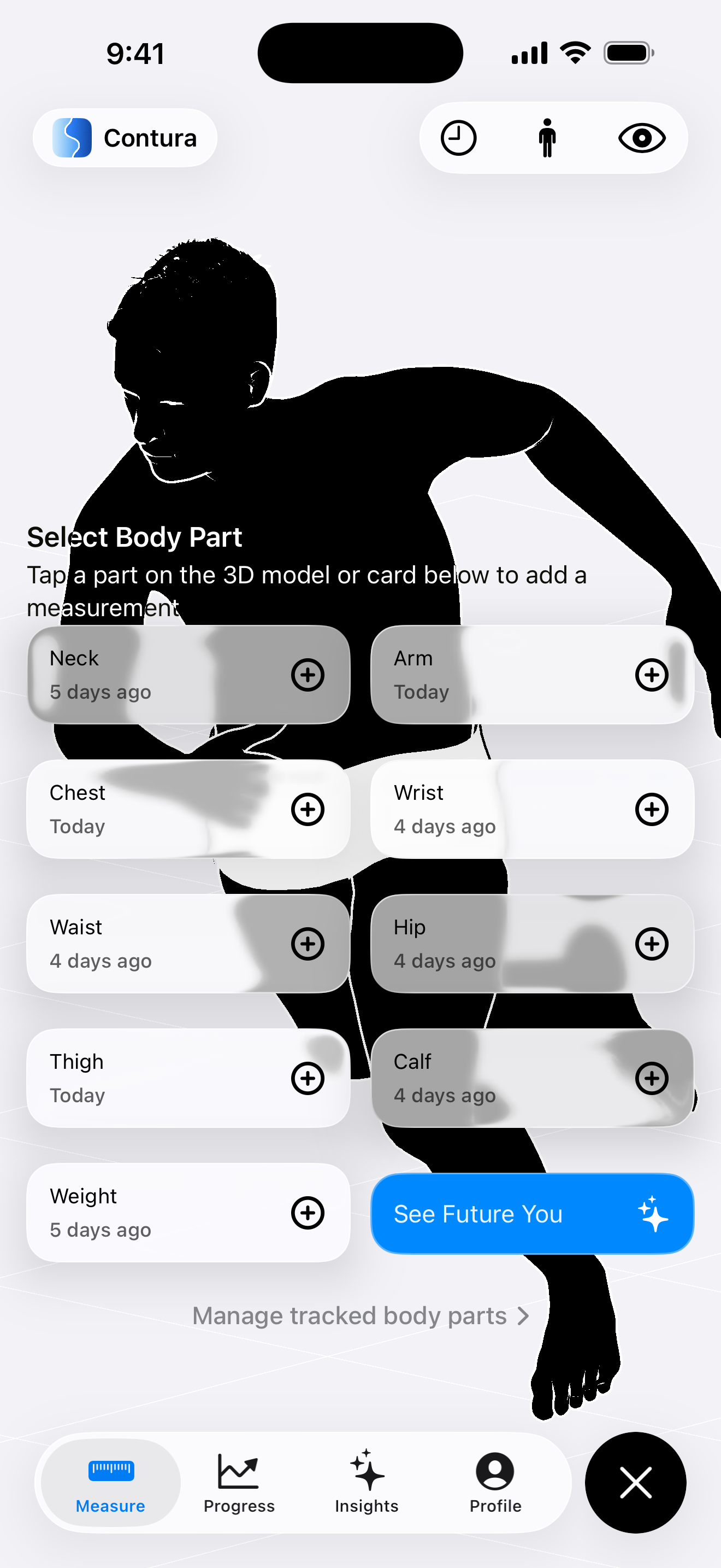 iOS body measurement tracking interface in Contura app, displaying a 3D athletic male silhouette in a runner pose overlaid with tappable cards to record circumferences for Neck, Chest, Waist, Thigh, and a See Future You forecasting button.
