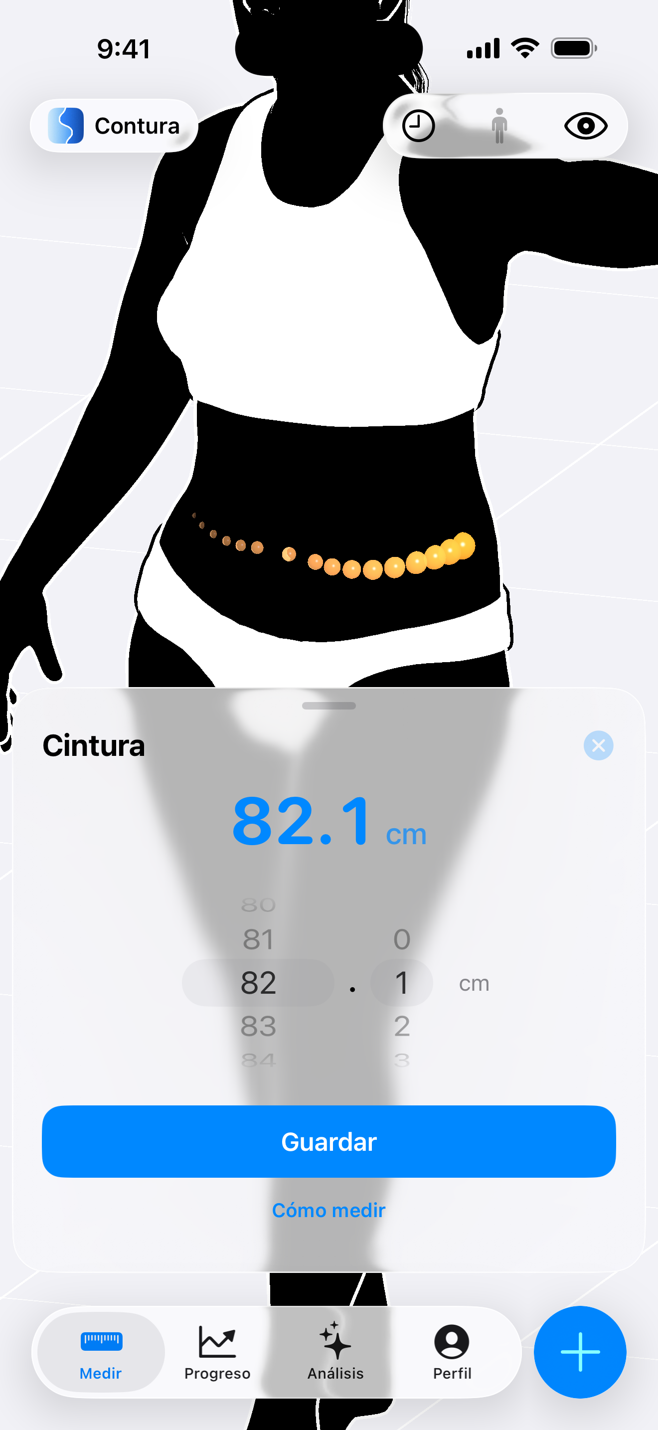 Pantalla de ingreso de circunferencia de cintura en la aplicación Contura para iOS, que presenta una silueta femenina con un anillo de medición punteado naranja alrededor de la cintura y un selector de regla desplazable abierto ajustado a 32.3 pulgadas sobre un botón azul Guardar.