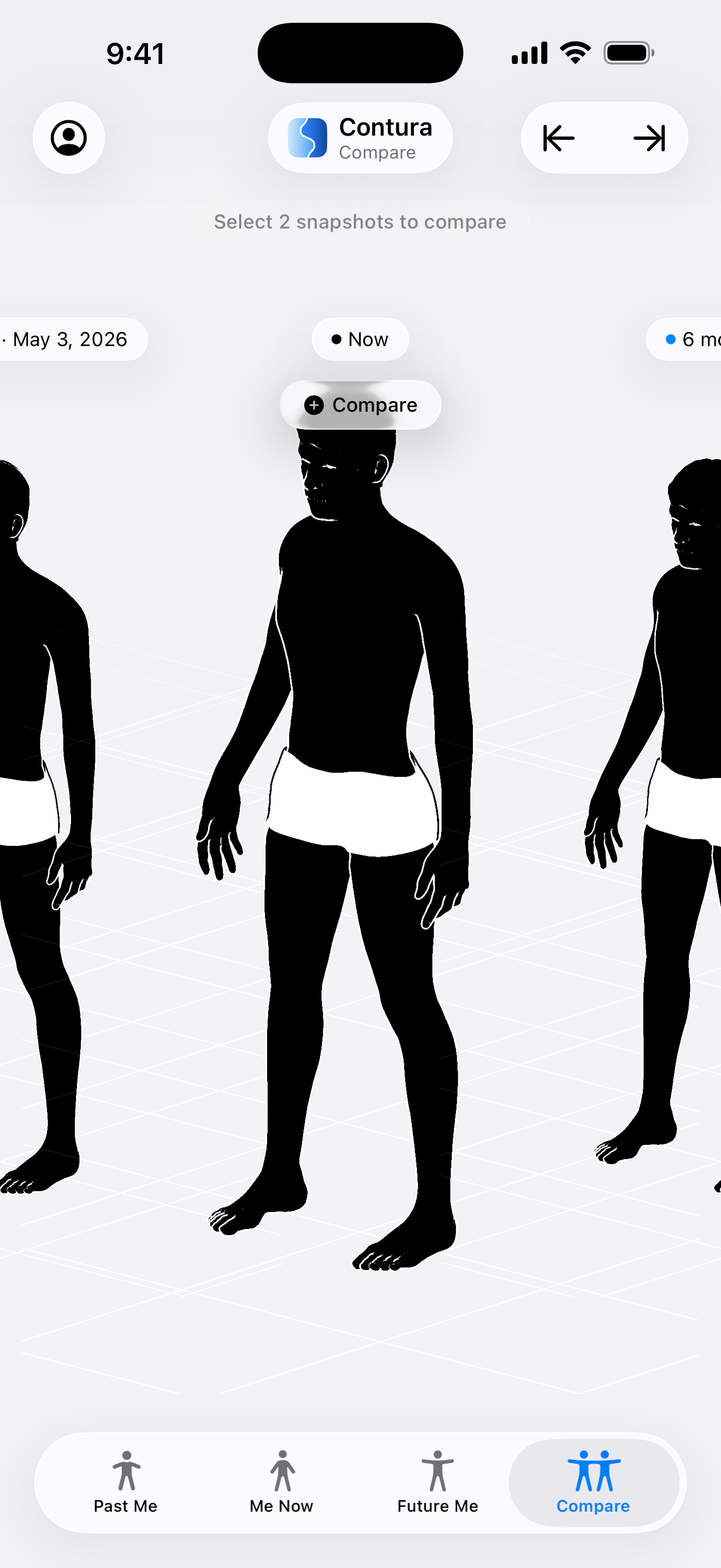 Chronological body comparison timeline in the Contura iOS app, showing three male 3D silhouette models side-by-side on a perspective grid to compare body shapes across different dates (May 3, 2026, Now, and 6 months later).