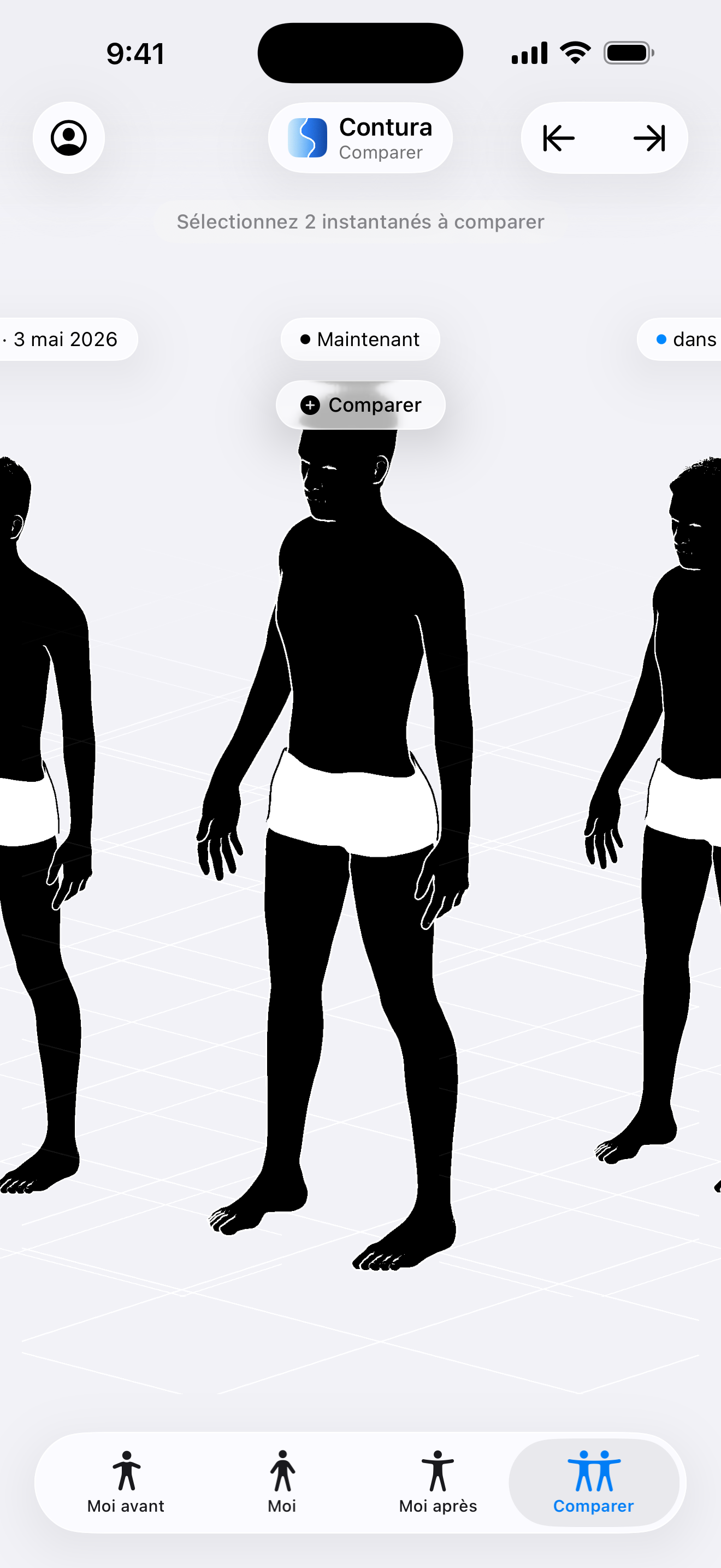 Comparaison corporelle chronologique dans l'app iOS Contura, montrant trois modèles de silhouette masculine 3D côte-à-côte sur une grille en perspective pour comparer les formes corporelles à différentes dates.